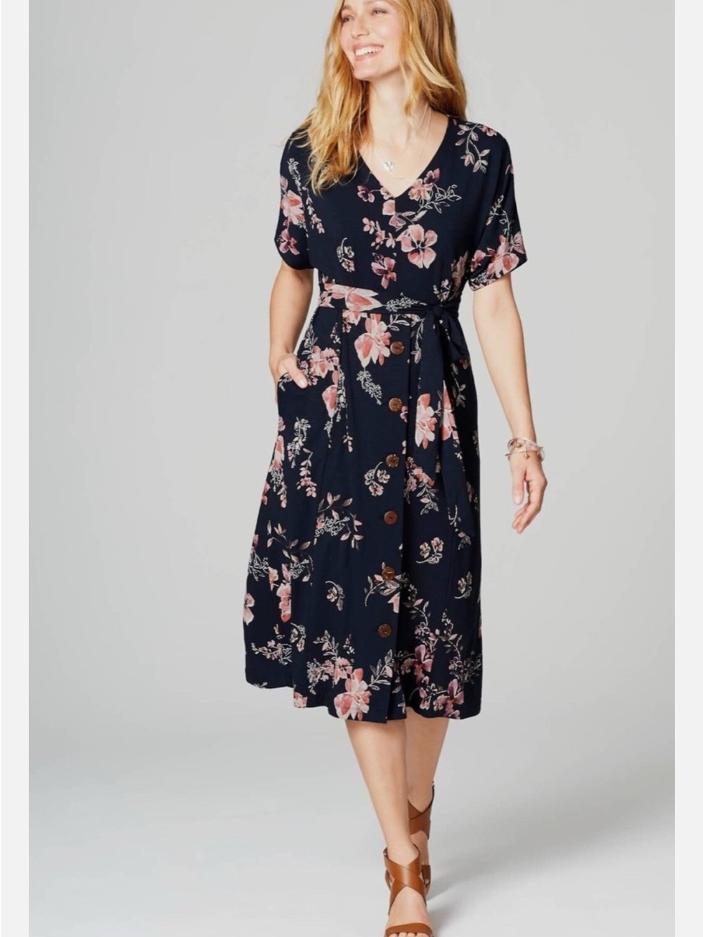 J Jill  Petites Womens MP Navy Blue Floral Button Tie Belt Midi Dress